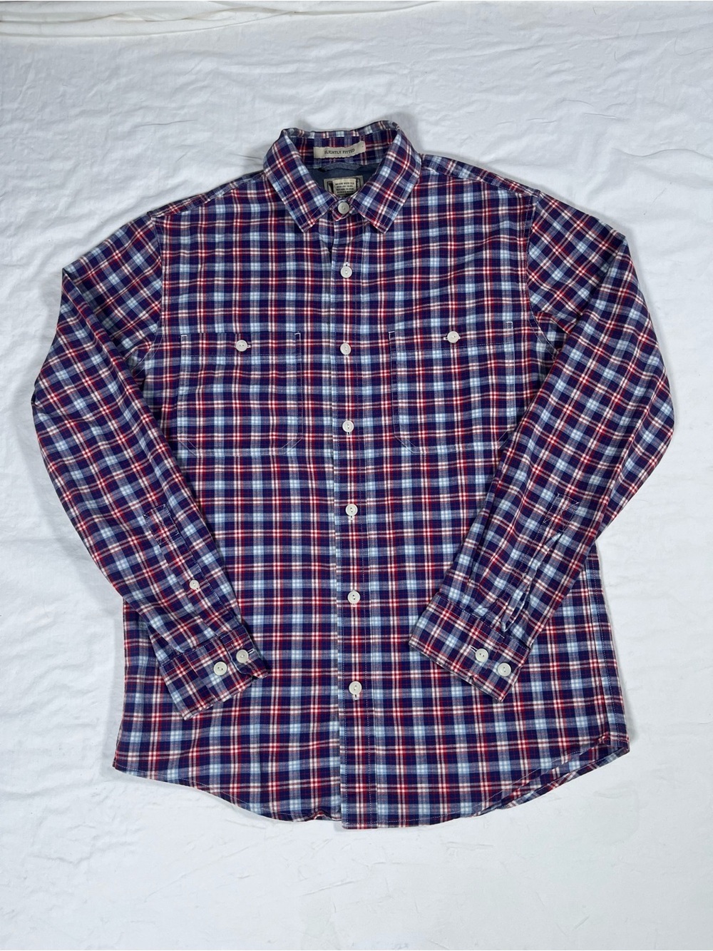 LL Bean Slightly Fitted Plaid Button Down Women’s Small Red White Blue Cotton